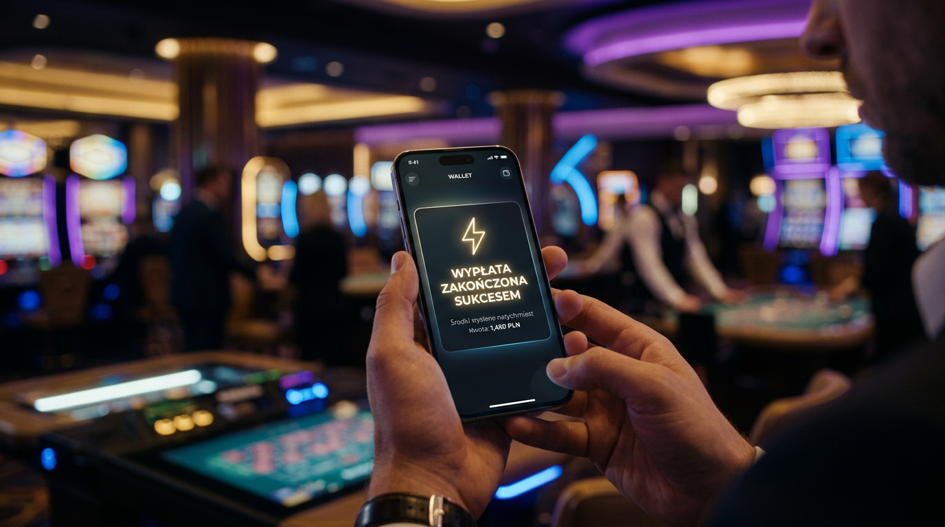 Smartfon z aplikacją kasyna potwierdzającą błyskawiczną wypłatę środków
