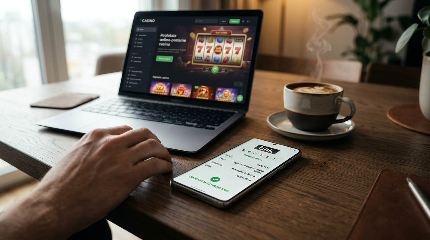 Smartfon z transakcją BLIK 5 zł do kasyna online na eleganckim biurku