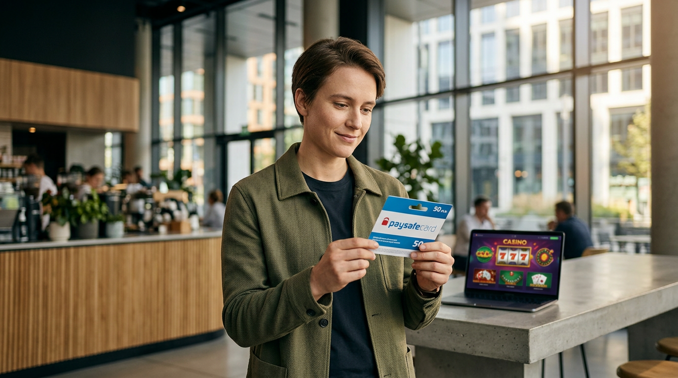 Osoba trzymająca kartę Paysafecard przed laptopem z widokiem na kasyno online