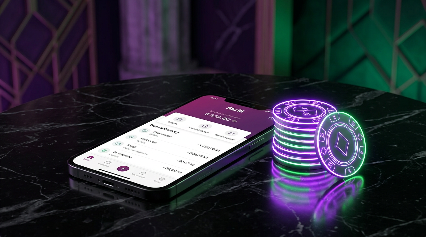 Smartfon z aplikacją Skrill obok neonowych żetonów kasynowych na marmurowym blacie.