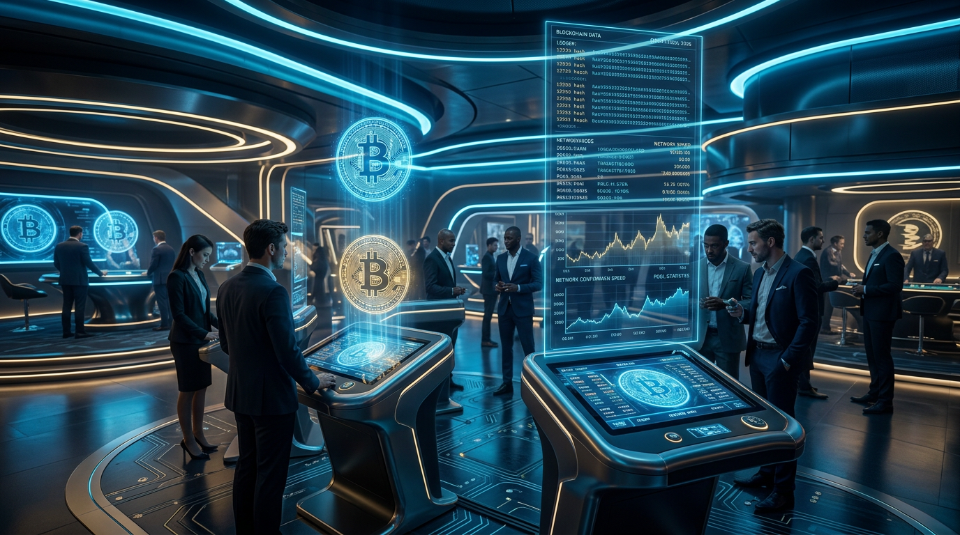 Futurystyczne krypto kasyno z hologramami bitcoina i nowoczesnymi terminalami do gry