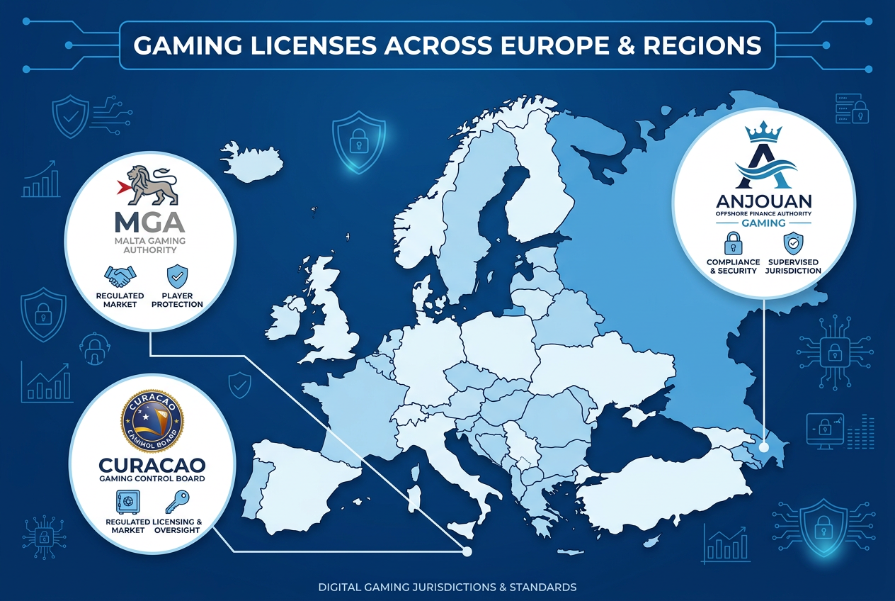 Infografika przedstawiająca najważniejsze licencje hazardowe w Europie w 2026 roku