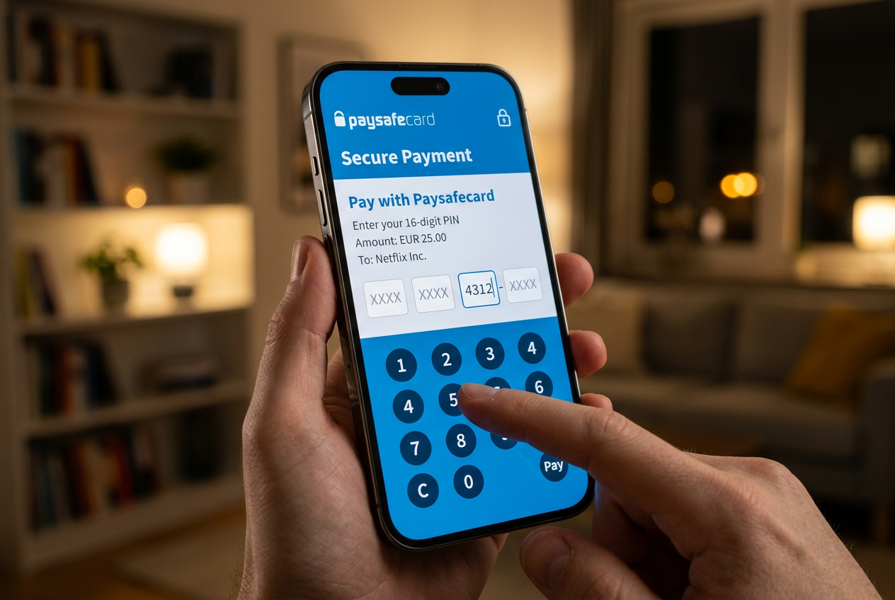 Zbliżenie na ekran smartfona z interfejsem płatności Paysafecard i polem na 16-cyfrowy kod PIN